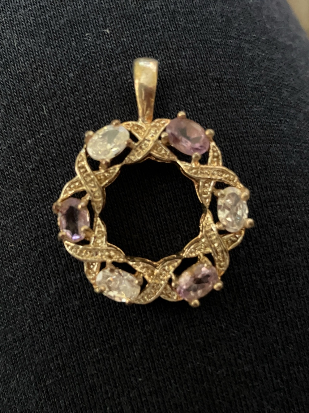 Gold Tone Multi-Stone Circle Pendant - Purple and Clear Gemstones